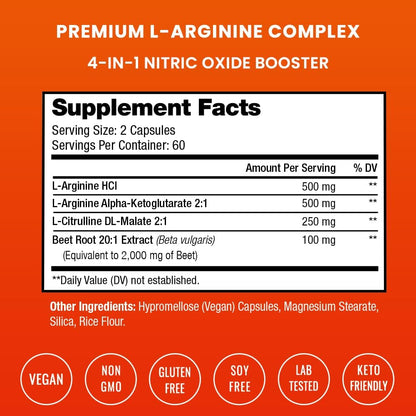 NutraChamps L-Arginine Supplement 1000mg + L-Citrulline 250mg & Beet Root – Nitric Oxide Booster for Heart Health, Energy & Stamina – Extra Strength Amino Acid Complex – 120 Vegan Capsules