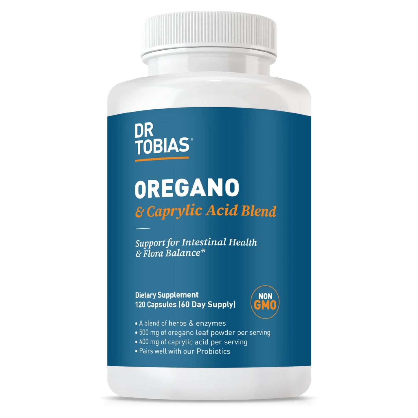 Dr. Tobias Oregano & Caprylic Acid Blend 60 Capsules | Oregano Capsules | Gut Flora Balance Complex & Intestinal Support | Oregano + Caprylic Acid | Probiotics + Enzymes | 30 Servings