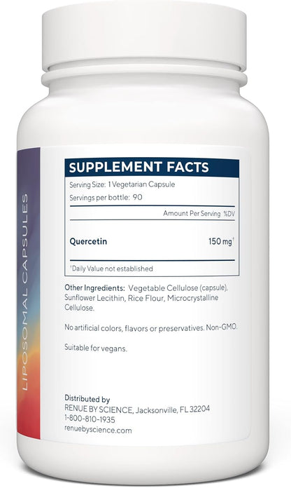 Renue By Science Quercetin | High Strength Liposomal Quercetin Supplements | 90 Quercitin Capsules - 150mg Quercetin per Serving | Non-GMO | Made in the USA & Third-Party Tested