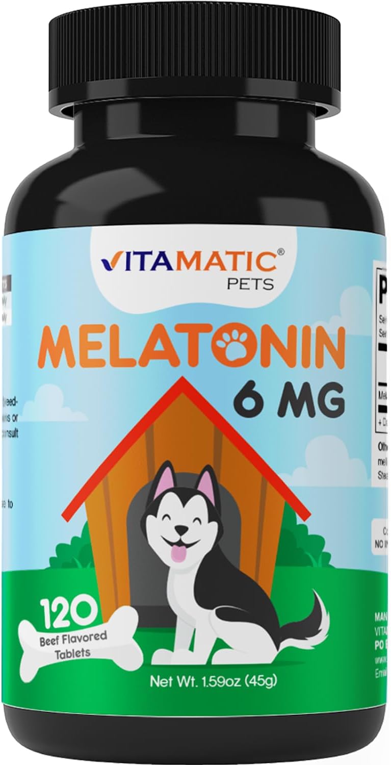 Vitamatic Pets Melatonin 6 mg Chewable Tablets for Dogs, 120 Count | Sleep Health Support*, Beef Flavored Tablet, Non-GMO, Gluten Free, Made in USA