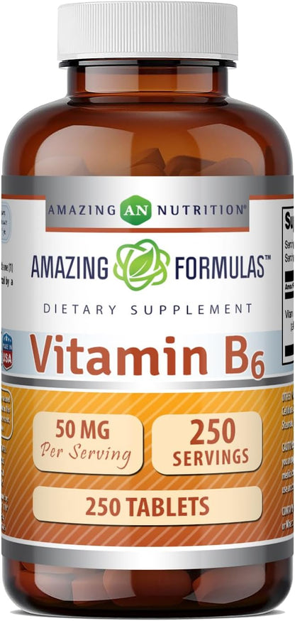 Amazing Formulas Vitamin B6 Pyridoxine 50mg 250 Tablets Supplement | Non GMO | Gluten Free | Made in USA