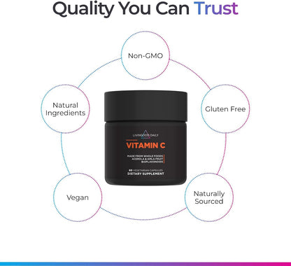 Livingood Daily Vitamin C Supplement, 3-in-1 Whole Food-Based Vitamin C with Acerola & Amla Fruit Extracts and Citrus Bioflavonoids for Immune Support, Vegan, Gluten Free, Non GMO, 60 Capsules