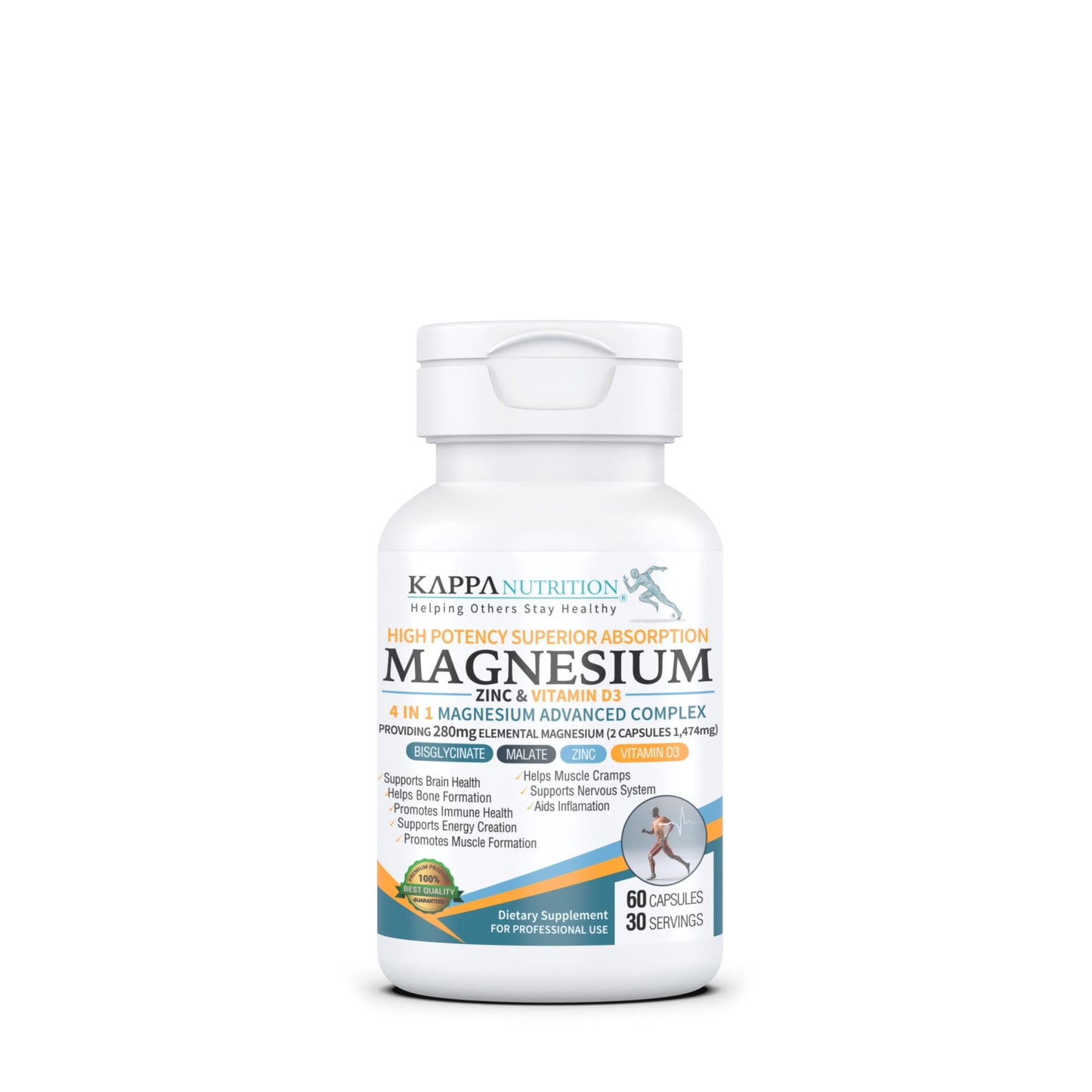 Kappa Nutrition Magnesium 4-in-1, 280mg Elemental Magnesium (Bisglycinate, Malate) + Zinc & Vitamin D3, Brain, Sleep, Energy, Muscle, Immune Support, 120 Vegan Capsules.