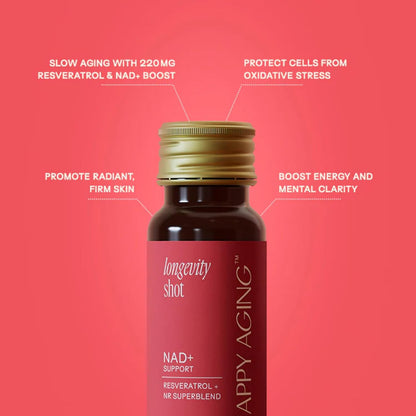 Happy Aging Vitality Trio – Longevity Shot + Calm Tonic + Relief Tonic | Energy, Recovery & Immune Support | NAD+ + Magnesium + Quercetin | 3 Units