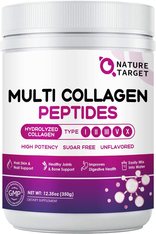 NATURE TARGET Multi Collagen Peptides Powder, 35 Servings | Type I, II, III, V, X, Hydrolyzed Collagen Peptides with Vitamin C Hyaluronic Acid, Supports Skin Hair Nail & Joint