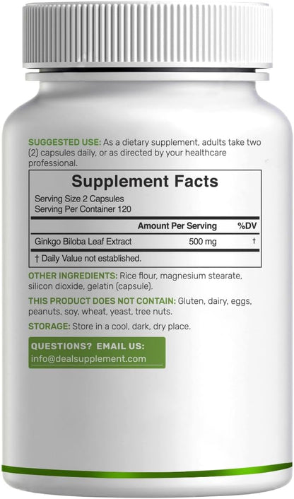 DEAL SUPPLEMENT Ginkgo Biloba 500mg Per Serving, 240 Capsules, 4 Month Supply – Grown in Northern Asia – Extra Strength, Promotes Brain Function