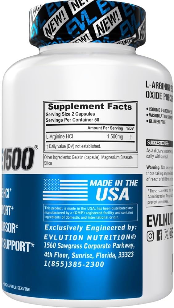 Evlution Nutrition Nitric Oxide Booster L-Arginine Supplement - High Potency Nitric Oxide Supplement with 1500mg of L Arginine HCL for Enhanced Pumps Energy Muscle Growth and Vascularity NO Booster