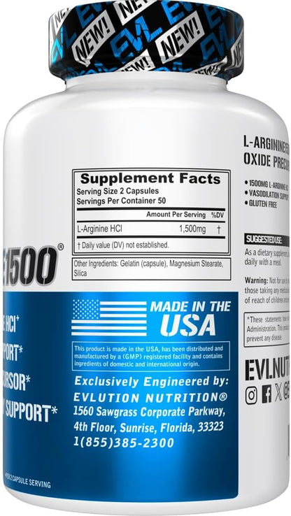 Evlution Nutrition Nitric Oxide Booster L-Arginine Supplement - High Potency Nitric Oxide Supplement with 1500mg of L Arginine HCL for Enhanced Pumps Energy Muscle Growth and Vascularity NO Booster