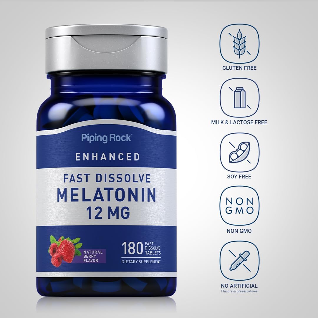 Piping Rock Melatonin 12 mg | 180 Fast Dissolve Tablets | Berry Flavor | Non-GMO, Gluten Free Supplement