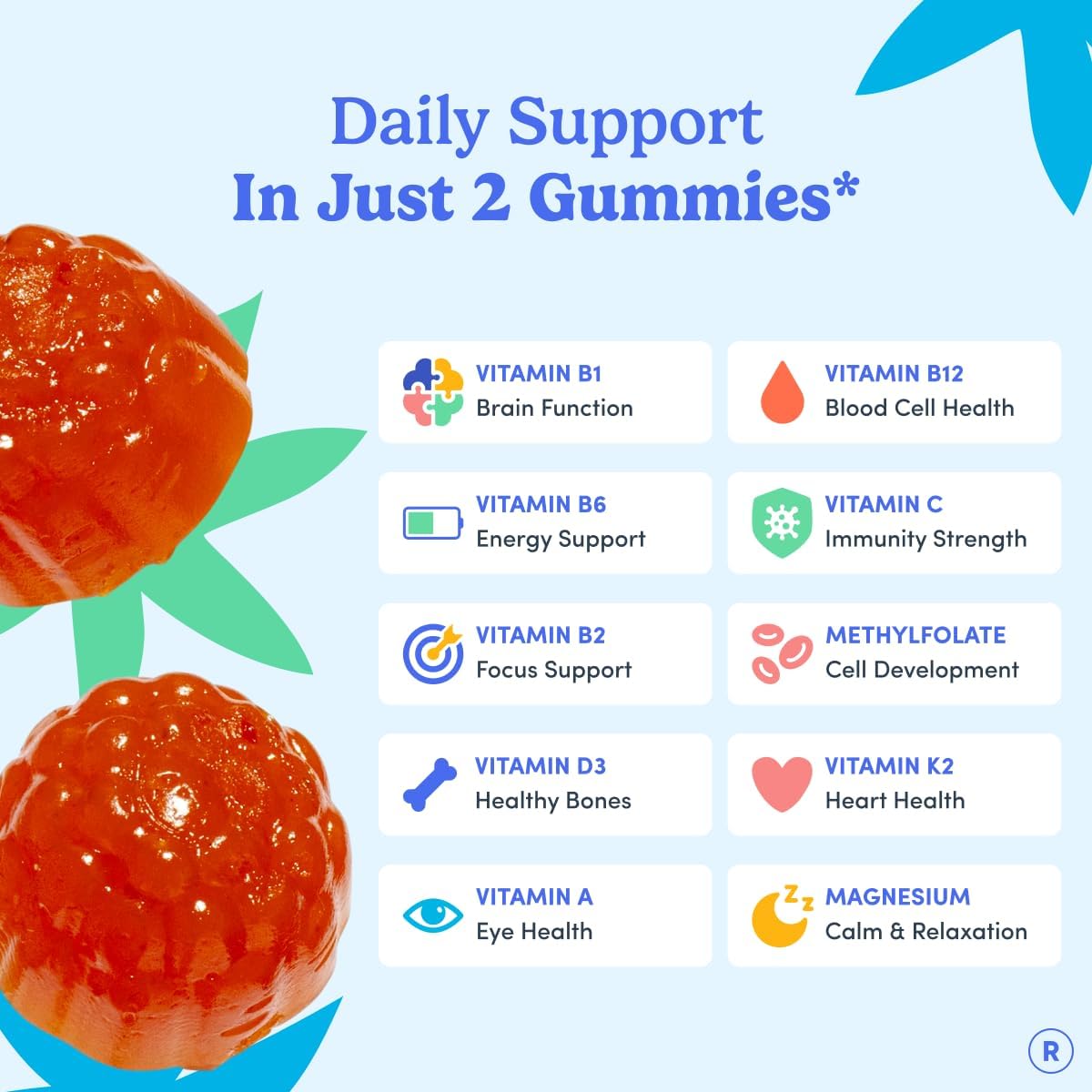 FIRST DAY Teen Multivitamin Gummy with Organic Fruit & Veggie Blend, 60 ct. | Vegan teen vitamins for ages 13-18 with 12 key nutrients, methylfolate, magnesium and zinc; 2 daily, 30-day supply.