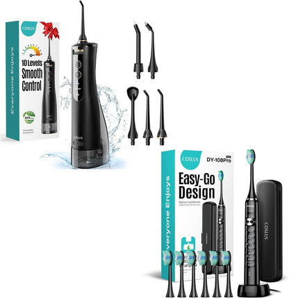 COSLUS Water Dental Flosser Tooth Pick: 10 Levels Smooth Control Portable Wireless Electric Toothbrush for Adults and Kids Rechargeable Black and Black