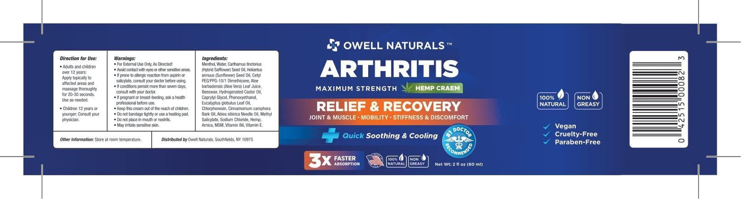 Owell Naturals Joint & Muscle Cream, Deep Penetrating, Maximum Strength Relief & Recovery for Joint & Muscles, Back, Knee, Legs, Hands, 2 Fl Oz