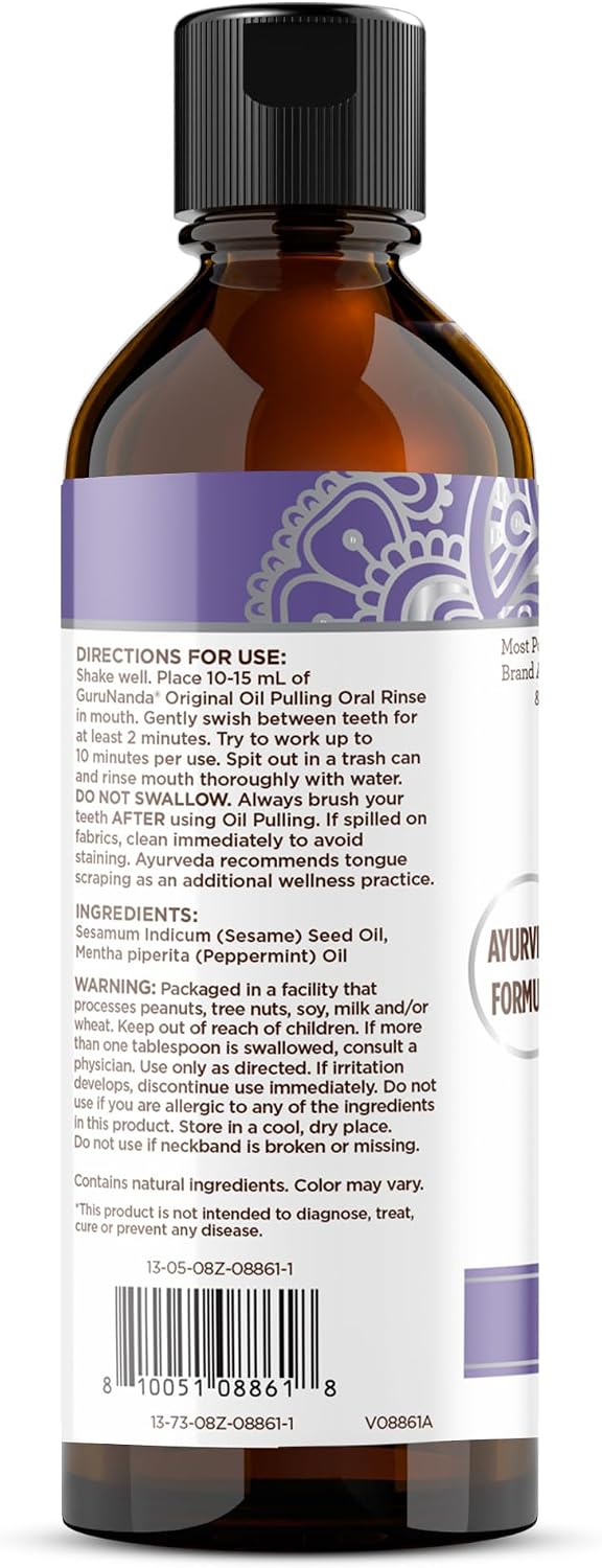 GuruNanda Sesame Oil Pulling Alcohol Free Mouthwash with Peppermint Oil 8oz