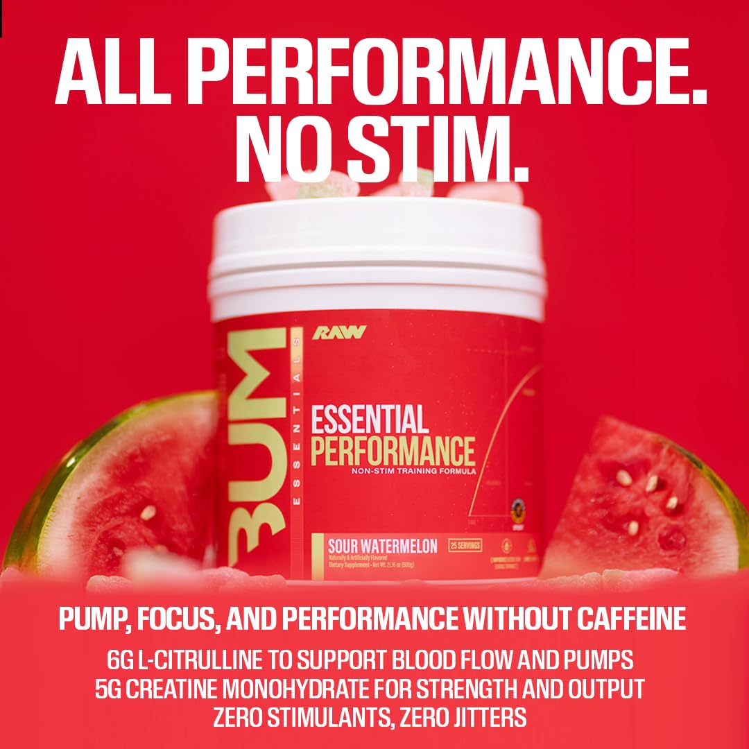 RAW Essential Performance Non-Stim Pre-Workout Powder - Preworkout for Endurance Strength & Focus Without Caffeine or Stimulants - Creatine Monohydrate, L-Citrulline & Beta Alanine - Blue Rathberry