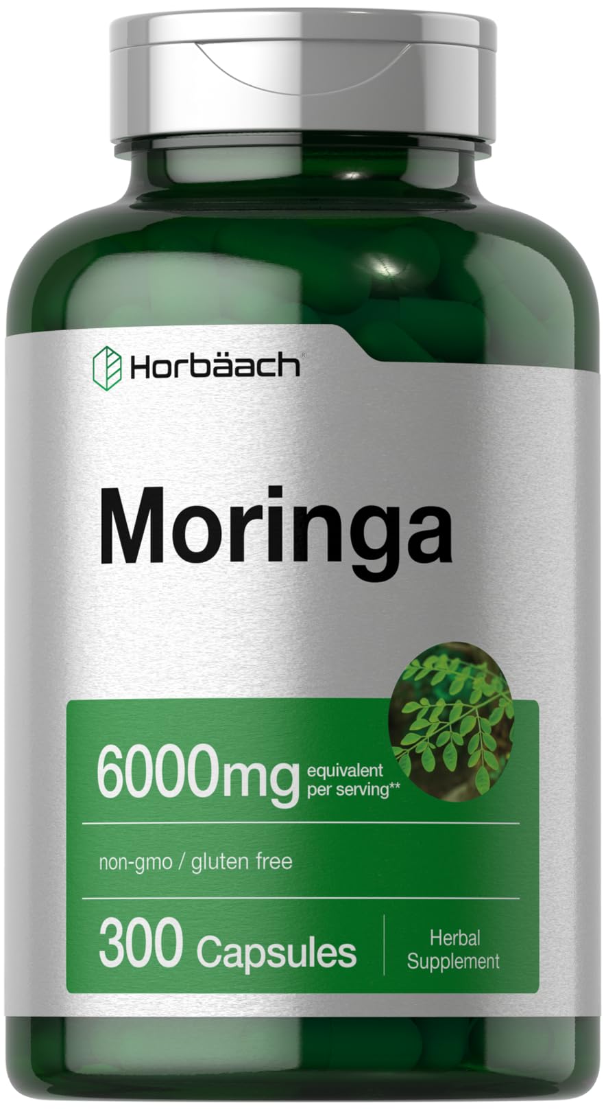 Horbäach Moringa Oleifera | 6000mg | 300 Powder Capsules | Non-GMO and Gluten free