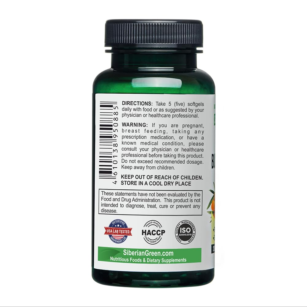 Siberian Sea Buckthorn Oil Capsules 200 Softgels | from Wild-harvested Siberian Sea