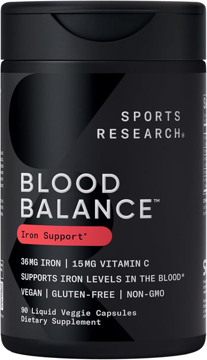 Sports Research® Blood Balance Iron Supplement - 36 MG Iron + Folate & Vitamin C for Absorption - Red Blood Cell Support for Women & Men* - Vegan Certified · Non-GMO · Gluten-Free - 90 Capsules