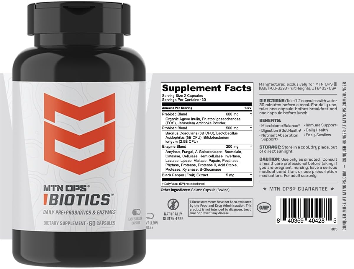 MTN OPS Biotics Daily Probiotic & Prebiotic for Gut Health, 60 Capsules