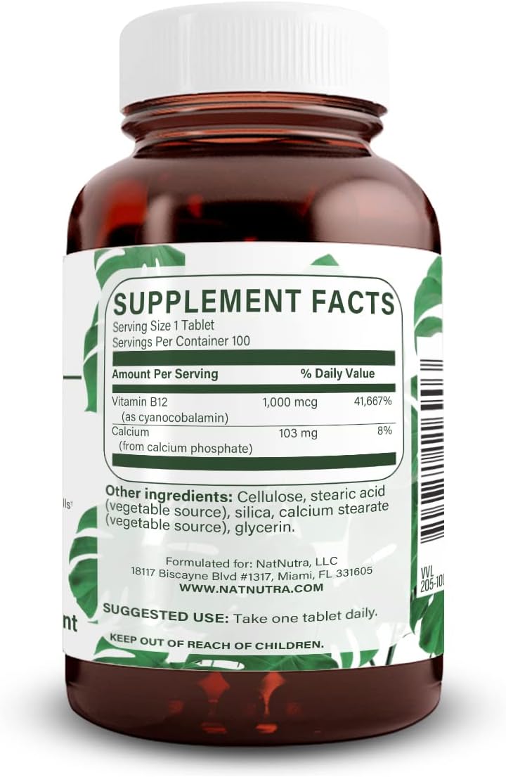 Natural Nutra Vitamin B12 1000 mcg, 100 Vegan Tablets | Promote Heart & Nerve Health, Cobalamin B12 Supplement, Help in Metabolism Health, Optimal Absorption, Gluten-Free,Sugar-Free