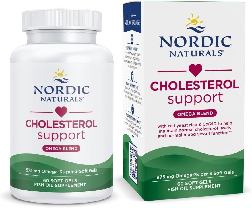 Nordic Naturals Cholesterol Support, 975mg Omega-3 + Red Yeast Rice + CoQ10 | Red Yeast Rice supports healthy LDL cholesterol naturally. EPA & DHA omega-3s for heart health. Lemon. Non-GMO. 20 servings.