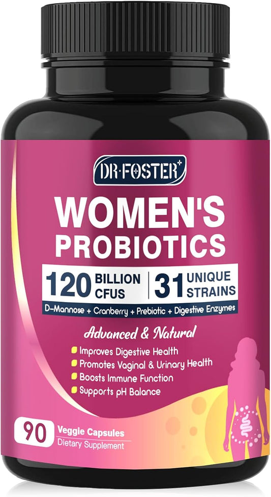 DRFOSTER Probiotic for Women 120B Urinary & Digestive Health, 90 Capsules | 31 Strains, Prebiotics, Enzymes, D-Mannose & Cranberry, Vaginal, Urinary & Digestive Support, Non-GMO, Gluten-Free