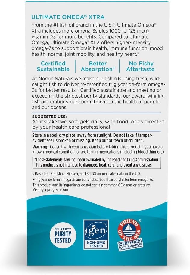 Nordic Naturals Ultimate Omega Xtra, 1480mg + 1000 IU D3, EPA&DHA 60 Count | Brain, heart & immune support. 1480mg EPA+DHA for brain & heart health. 1000 IU D3 for immune health. Lemon, 30 Servings