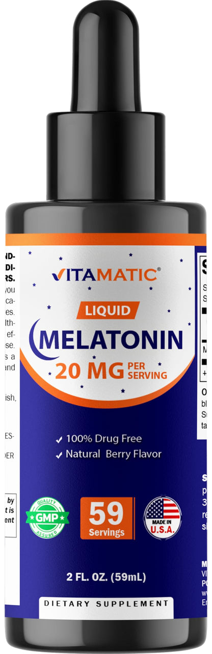 Vitamatic Liquid Melatonin 20 mg, 2 fl oz (59 mL) - 2 Pack | Sleep Support*, Natural Berry Flavor, Non GMO, Gluten Free, Made in USA