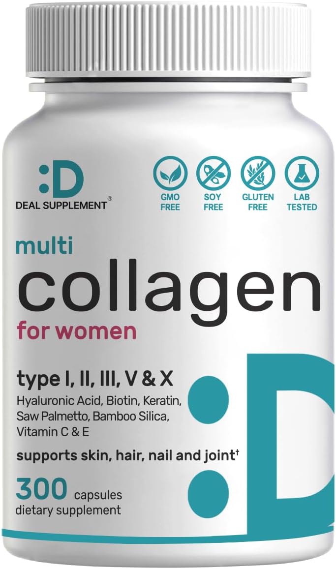 Multi Collagen Pills for Women & Men with Vitamin C, E & Biotin, 300 Capsules – Type I, II, III, V, X Hydrolyzed Collagen Peptides – 11 in 1 Formula with Saw Palmetto, Bamboo Silica, & Hyaluronic Acid