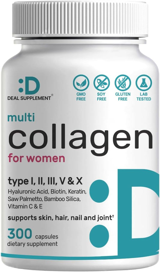 Multi Collagen Pills for Women & Men with Vitamin C, E & Biotin, 300 Capsules – Type I, II, III, V, X Hydrolyzed Collagen Peptides – 11 in 1 Formula with Saw Palmetto, Bamboo Silica, & Hyaluronic Acid
