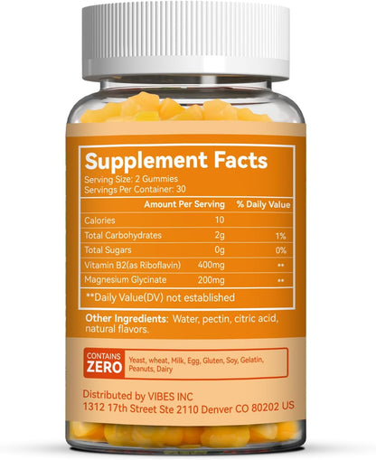 Vitamin B2 Gummies,Riboflavin 400mg Supplement with Magnesium for Adults | B2 Gummies for Migraine Relief* & Nervous System Support*,Vegan - 60 Counts