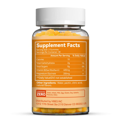 Vitamin B2 Gummies,Riboflavin 400mg Supplement with Magnesium for Adults | B2 Gummies for Migraine Relief* & Nervous System Support*,Vegan - 60 Counts