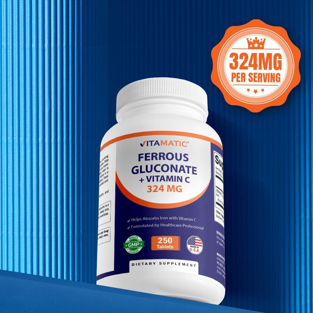 Vitamatic Ferrous Gluconate 324 mg + Vitamin C 100 mg - No Artificial Color Additives - Gentle on Stomach - 250 Tablets - Made in USA