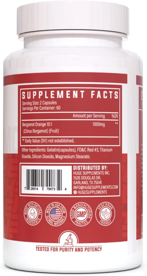 Huge Supplements 100% Pure Citrus Bergamot Extract 10:1 Capsules - 1000mg per Serving - Supports Digestion, Stress Management, and Immune Health (120 Capsules)