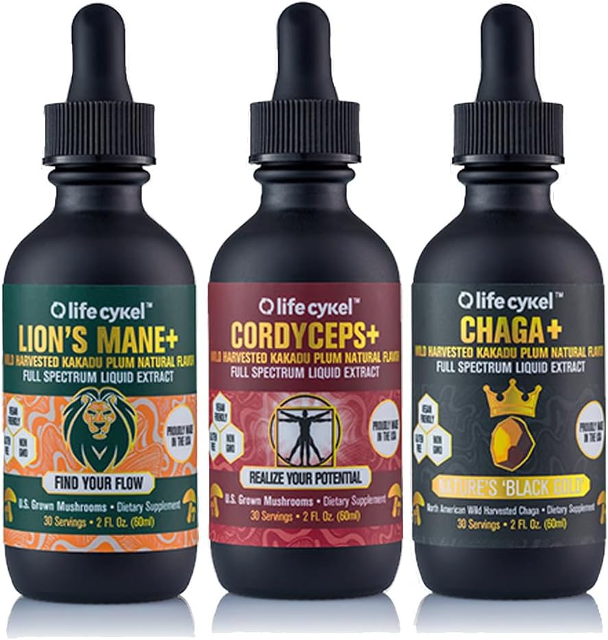 Life Cykel This is It Pack - Chaga, Lion's Mane & Cordyceps Mushroom Extract - Full-Spectrum Mushroom Tincture for Energy, Mental Clarity & Immune Support - Vegan, Non-GMO- 2Fl/Oz Per Bottle