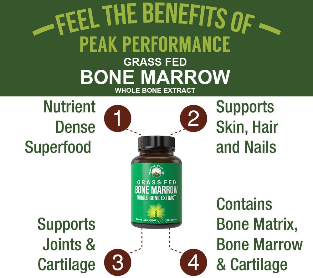 Peak Performance Grass Fed Bone Marrow - Whole Extract Supplement 180 Capsules - Superfood Pills Rich in Collagen, Vitamins, and Amino Acids - from Matrix Cartilage - Ancestral Tablets