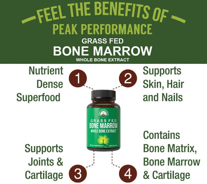 Peak Performance Grass Fed Bone Marrow - Whole Extract Supplement 180 Capsules - Superfood Pills Rich in Collagen, Vitamins, and Amino Acids - from Matrix Cartilage - Ancestral Tablets