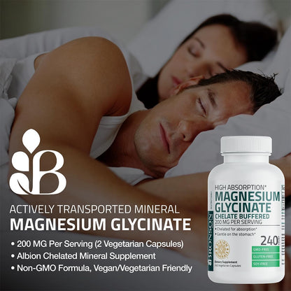 Bronson Magnesium Glycinate 200 MG Chelated High Absorption, 60 Capsules | Stress Relief, Sleep, Heart Health, Nerves, Muscles, and Metabolism Support, Vegetarian, Non-GMO, Gluten Free, Soy Free