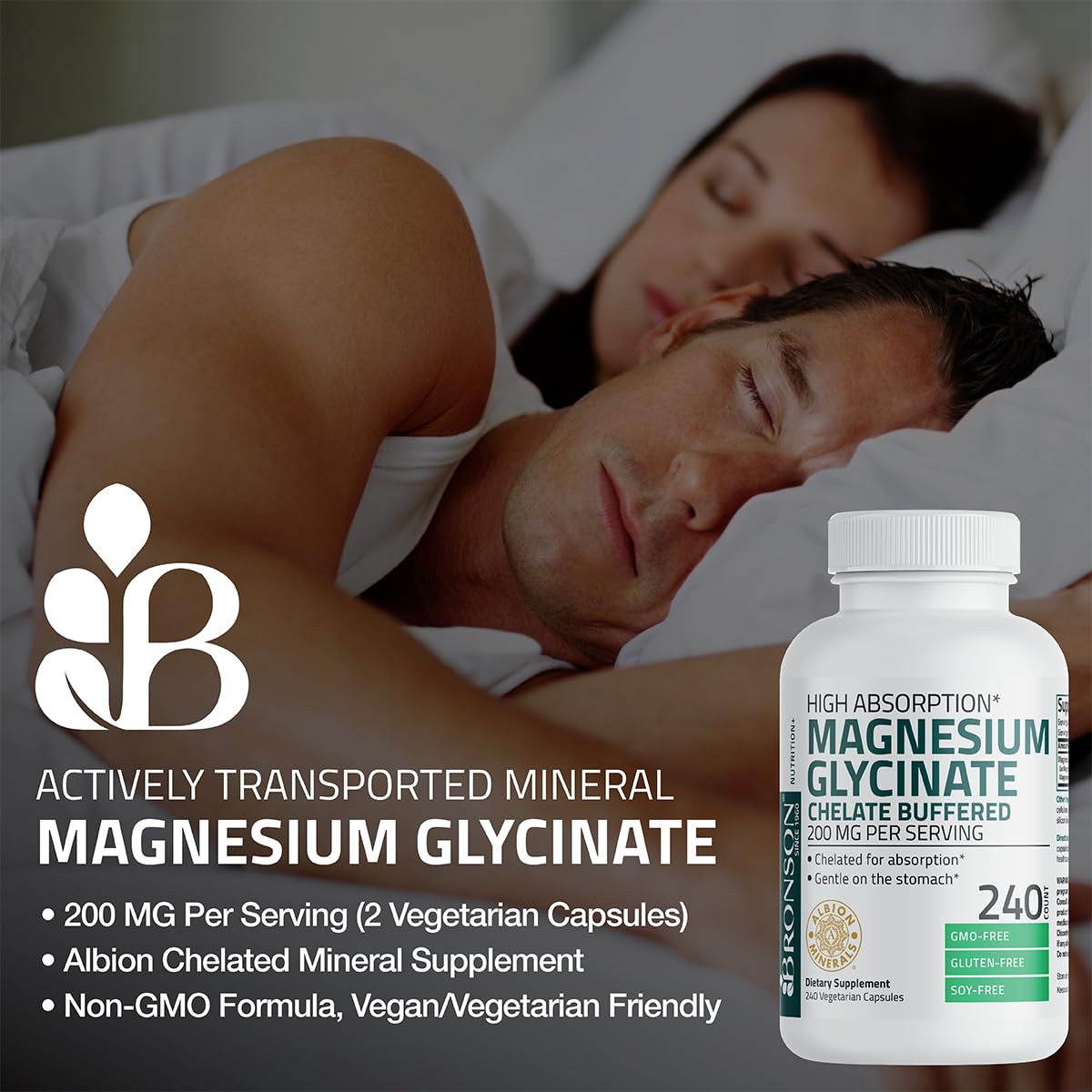 Bronson Magnesium Glycinate 200 MG Chelated High Absorption, 60 Capsules | Stress Relief, Sleep, Heart Health, Nerves, Muscles, and Metabolism Support, Vegetarian, Non-GMO, Gluten Free, Soy Free