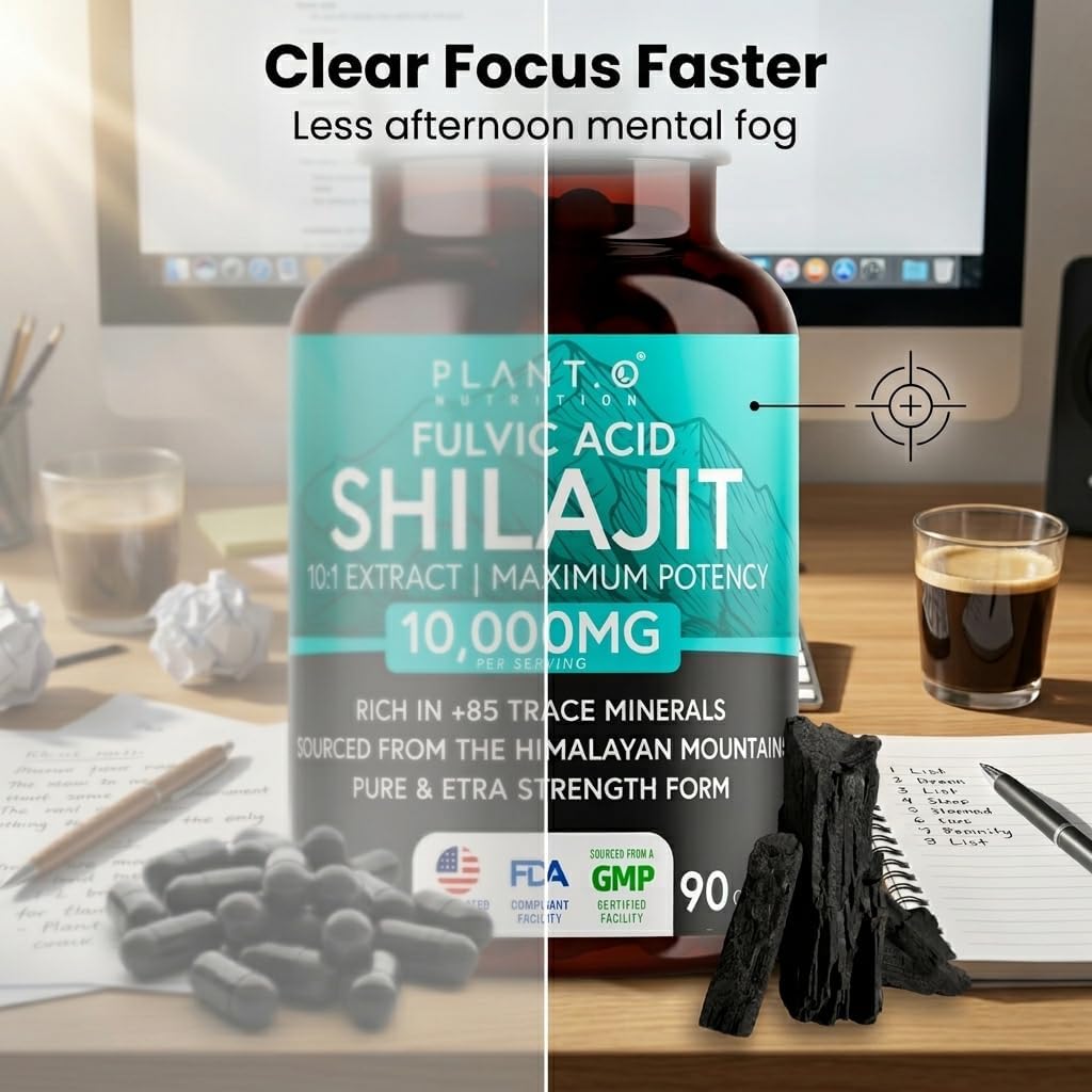 Natural Himalayan Shilajit Capsules - 10:1 Extract Maximum Potency | Fulvic Acid + 85 Trace Minerals | Energy Boost, Immune Support, Cognitive Function | 90 Veggie Pills for Men & Women
