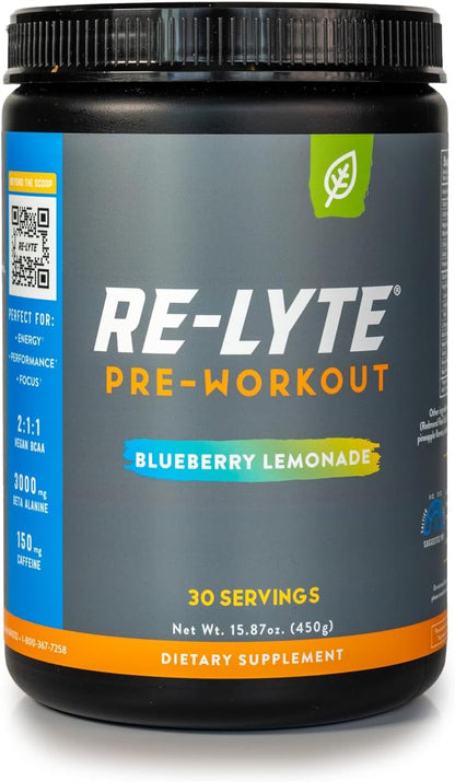 REDMOND Re-Lyte Pre-Workout Drink Mix, Blueberry Lemonade, 15.87oz