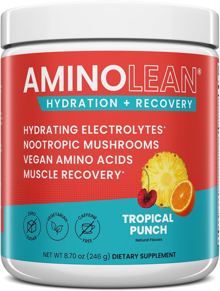 AminoLean Recovery Electrolytes Powder with Vegan BCAA + EAA Amino Acids | 5g Vegan Amino Acids, Hydration, Electrolytes & Nootropic Reishi Mushrooms for Post Workout & Morning Recovery, Sugar Free