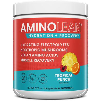 AminoLean Recovery Electrolytes Powder with Vegan BCAA + EAA Amino Acids | 5g Vegan Amino Acids, Hydration, Electrolytes & Nootropic Reishi Mushrooms for Post Workout & Morning Recovery, Sugar Free
