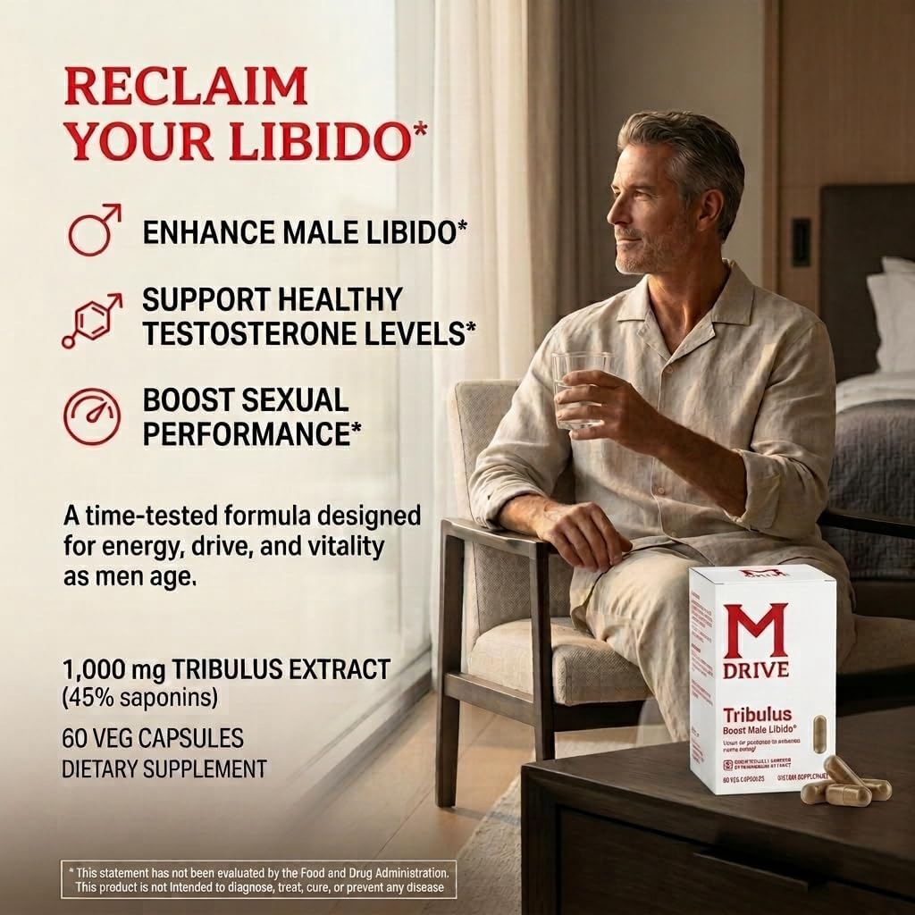 Mdrive Tribulus Terrestris 45% Saponins - Supplement for Men's Health, Promotes Virility, Supports Testosterone Levels, 60 Capsules, Gluten-Free Non-GMO