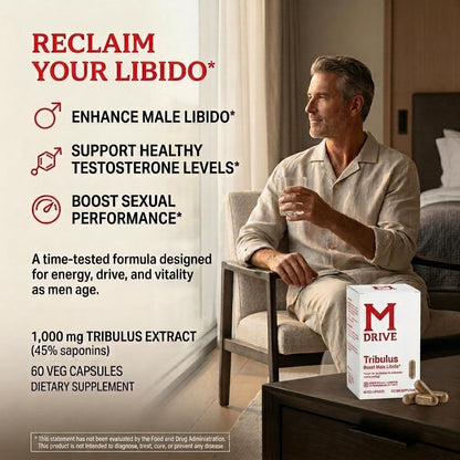 Mdrive Tribulus Terrestris 45% Saponins - Supplement for Men's Health, Promotes Virility, Supports Testosterone Levels, 60 Capsules, Gluten-Free Non-GMO