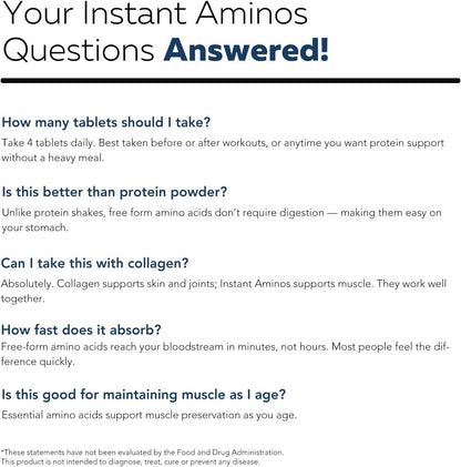 Instant Aminos Tablets - EAA+BCAA - 10 Essential Amino Acids Supplement - Rapid Absorption, No Digestion Required - Supports Lean Muscle, Recovery & Aging - 321% DIAAS Protein Score (1 month supply)