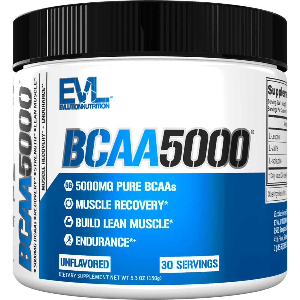 Evlution EVL BCAAs Amino Acids Powder - BCAA Powder Post Workout Recovery Drink and Stim Free Pre Workout Energy Drink Powder - 5g Branched Chain Amino Acids Supplement for Men - Unflavored Powder
