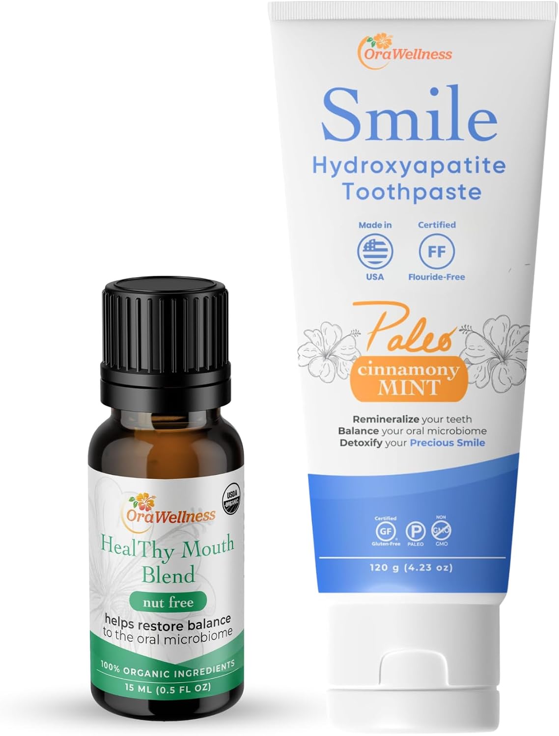 OraWellness Nut Free Healthy Mouth Blend Tooth Oil + Smile Cinnamony Mint Toothpaste, American Made Flouride Free Hydroxyapatite Toothpaste with Remineralizing Xylitol & Non Nano Hydroxyapatite