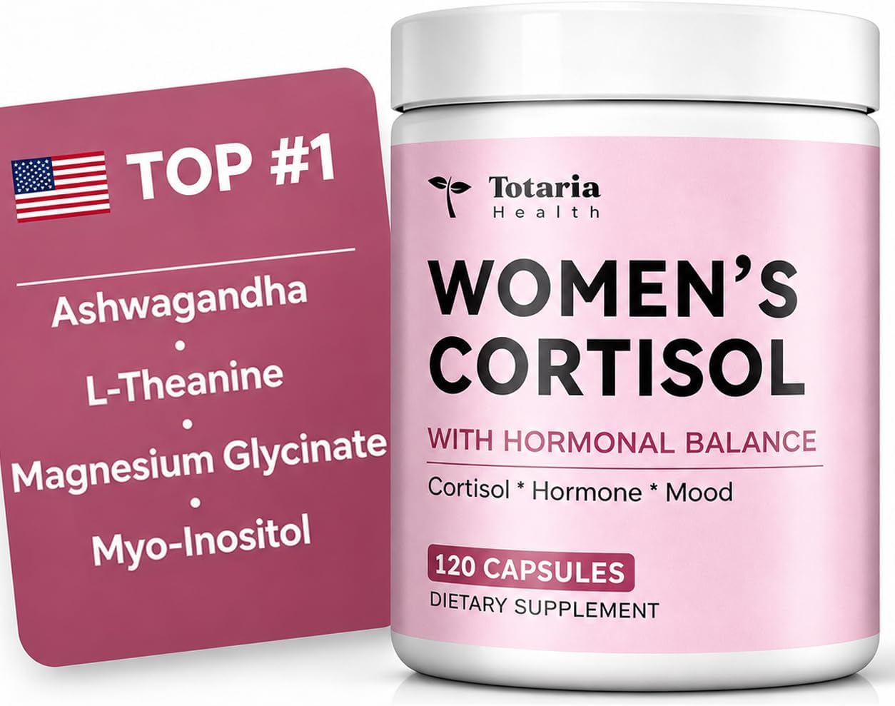 Women's Cortisol Supplement – Stress Relief, Sleep Aid, Hormone Balance, Mood & Focus, PMS*| Ashwagandha 30:1, L-Theanine, Magnesium Glycinate, Phosphatidylserine, DIM, Vitex & Myo-Inositol, 120 Ct.