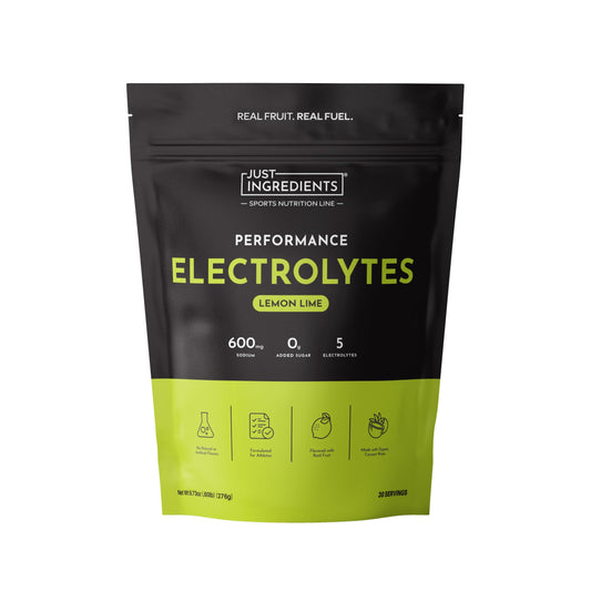 JUST INGREDIENTS Performance Electrolytes Powder Lemon Lime, 600mg Sodium with Organic Coconut Water, 30 Servings, Naturally Sweetened with Monk Fruit and Stevia, Flavored with Real Fruit, Non-GMO
