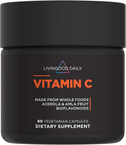 Livingood Daily Vitamin C Supplement, 3-in-1 Whole Food-Based Vitamin C with Acerola & Amla Fruit Extracts and Citrus Bioflavonoids for Immune Support, Vegan, Gluten Free, Non GMO, 60 Capsules